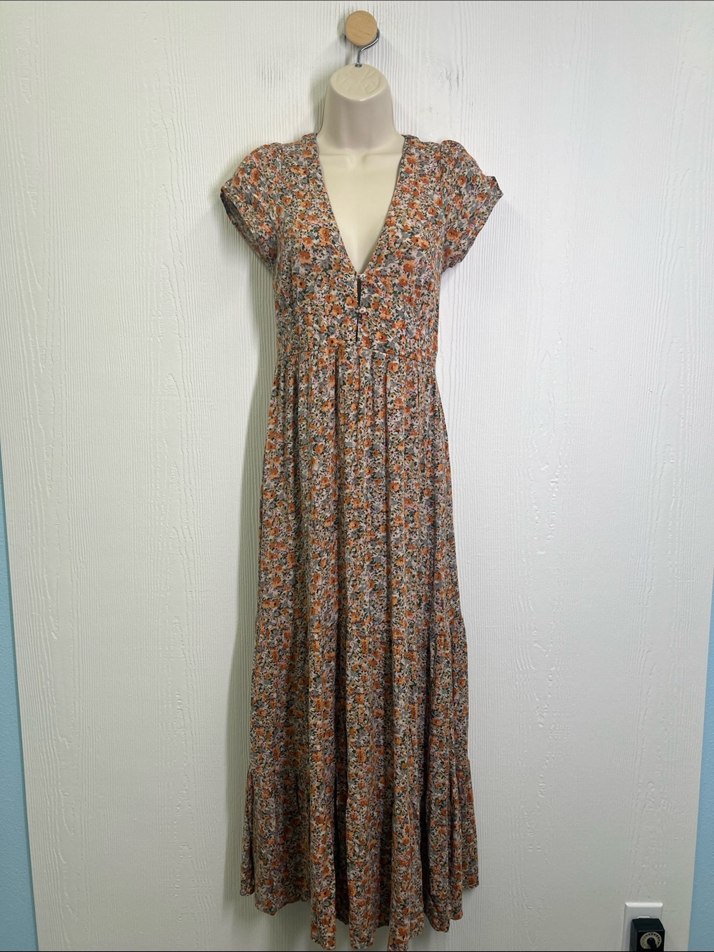 Natural Life - Colorful Floral Short Cottagecore Sleeve V Neck Maxi Dress SZ XS - Picture 2 of 11